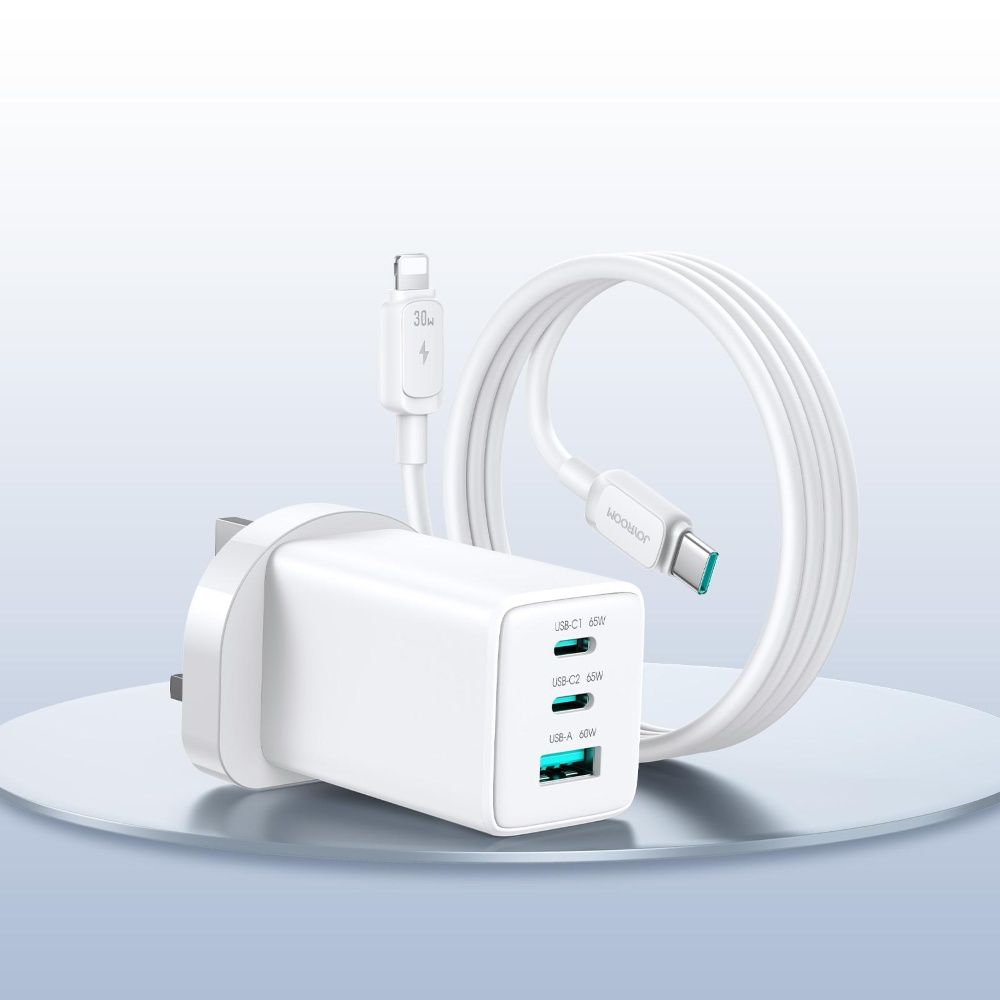 JOYROOM GAN ULTRA FAST CHARGER 65W 2 USB-C - USB-A + LIGHTNING CABLE JR-TG10
